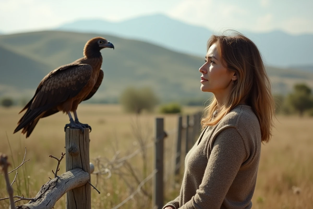 Femme observant un vautour sur une clôture en campagne