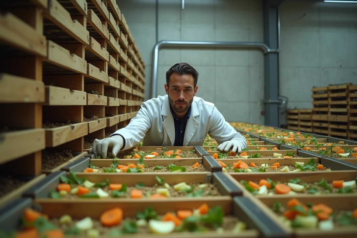 Éleveur inspectant l'alimentation de grillons avec des légumes frais dans une ferme d'insectes contrôlée