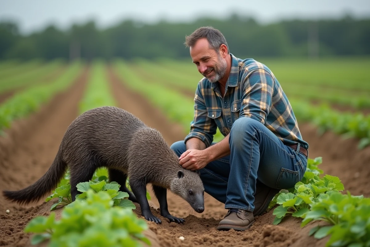 Fermeur observant un fourmilier dans un champ