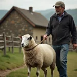 Paysage rural avec fermier et mouton guidé à la corde