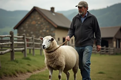 Paysage rural avec fermier et mouton guidé à la corde