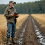 Fermeur examinant des cultures endommagées dans un champ de blé