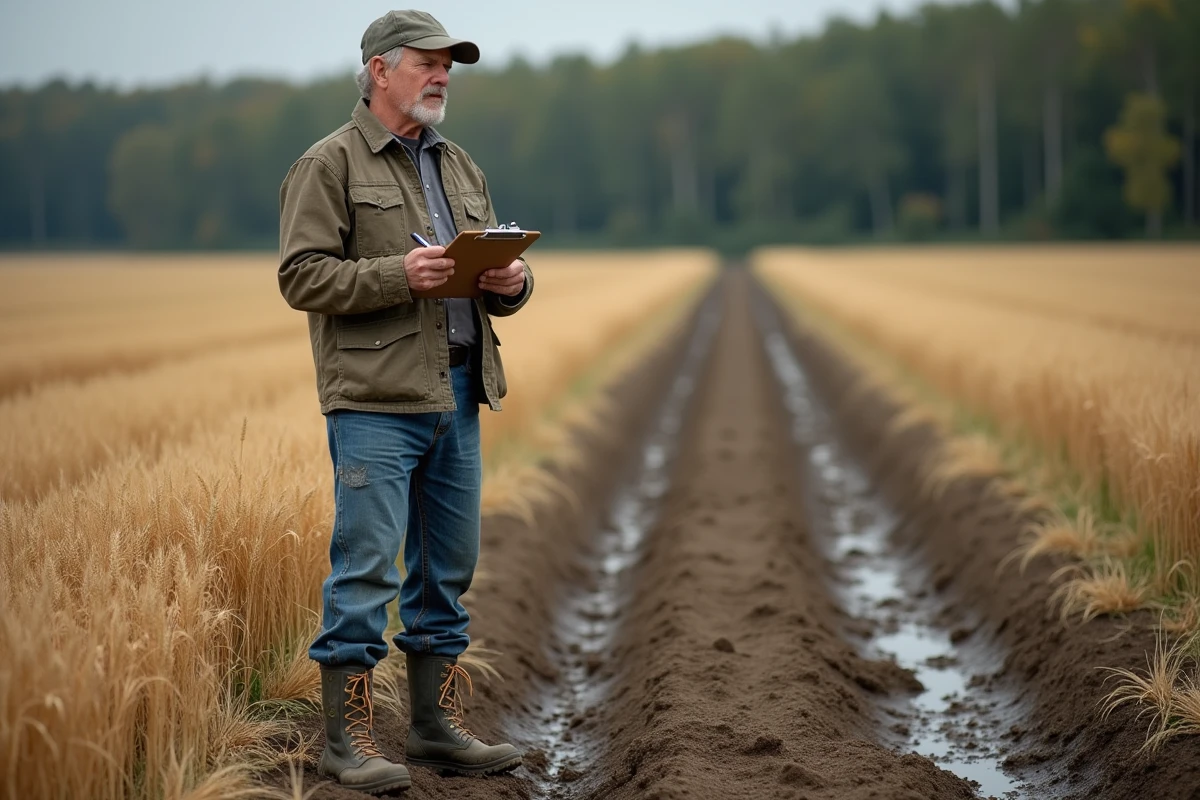 Fermeur examinant des cultures endommagées dans un champ de blé