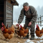Fermeur français distribuant du grain aux poules en hiver