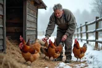 Fermeur français distribuant du grain aux poules en hiver