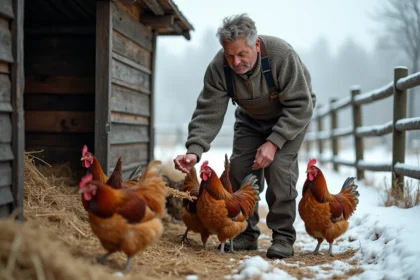 Fermeur français distribuant du grain aux poules en hiver
