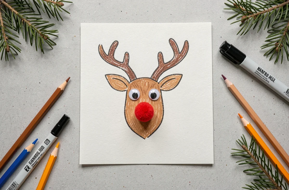 Vue de dessus d'un dessin de tête de renne réalisé en maternelle sur carton blanc avec nez rouge en pompon et matériaux de bricolage autour
