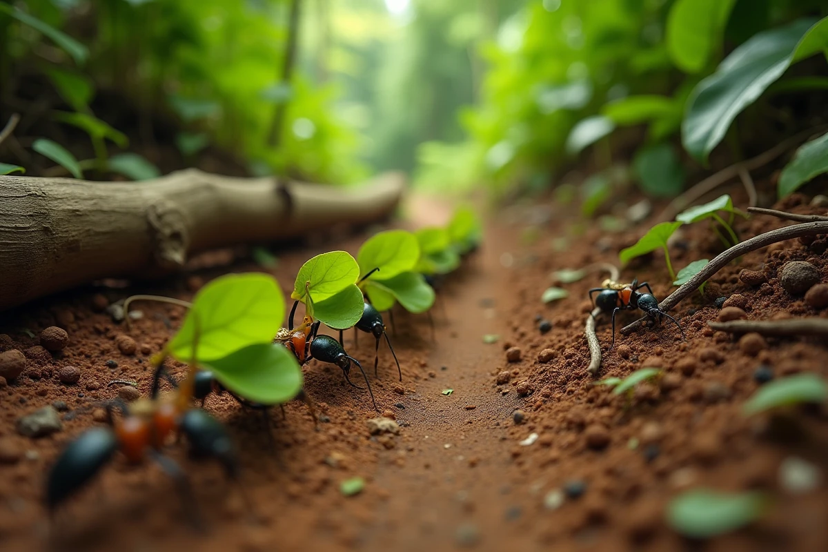Colonie de fourmis coupeuses de feuilles transportant des fragments végétaux sur le sol d'une forêt tropicale, illustrant l'organisation sociale et les caractéristiques biologiques uniques des insectes