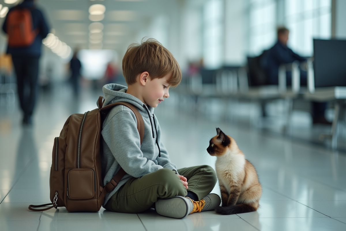 Jeune garçon avec chat dans un terminal aéroport