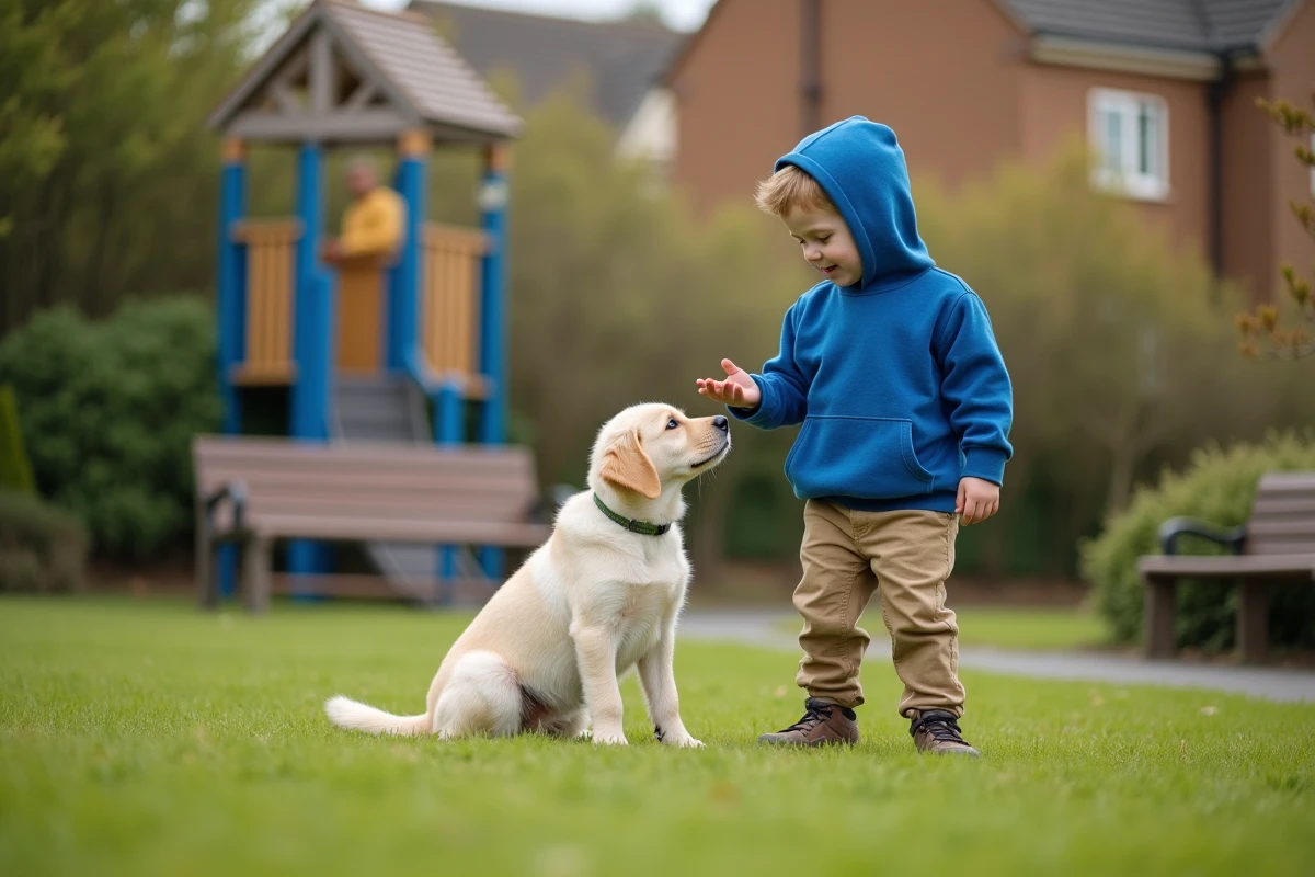 Garçon jouant avec un chiot labrador dans un parc