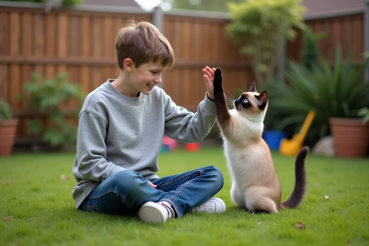 Adolescent jouant avec un chat siamois dans le jardin