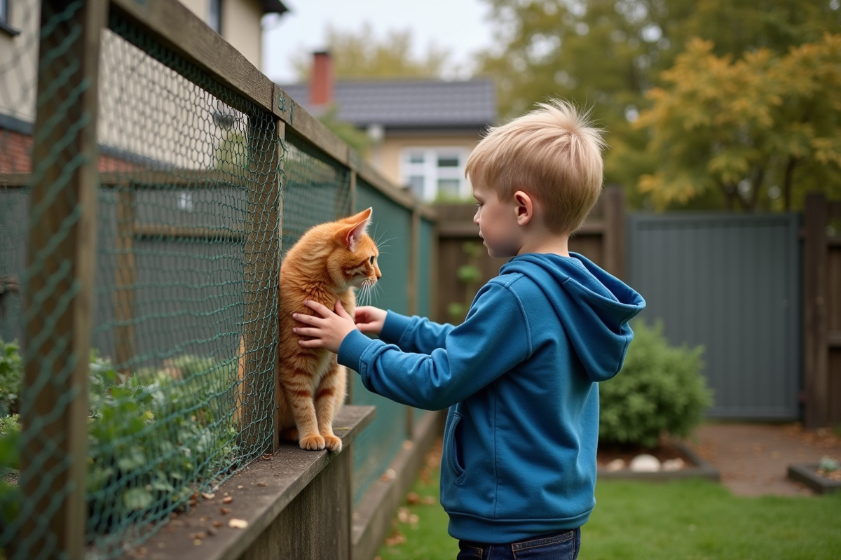 Jeune garçon avec un chat dans une enclosure de jardin DIY