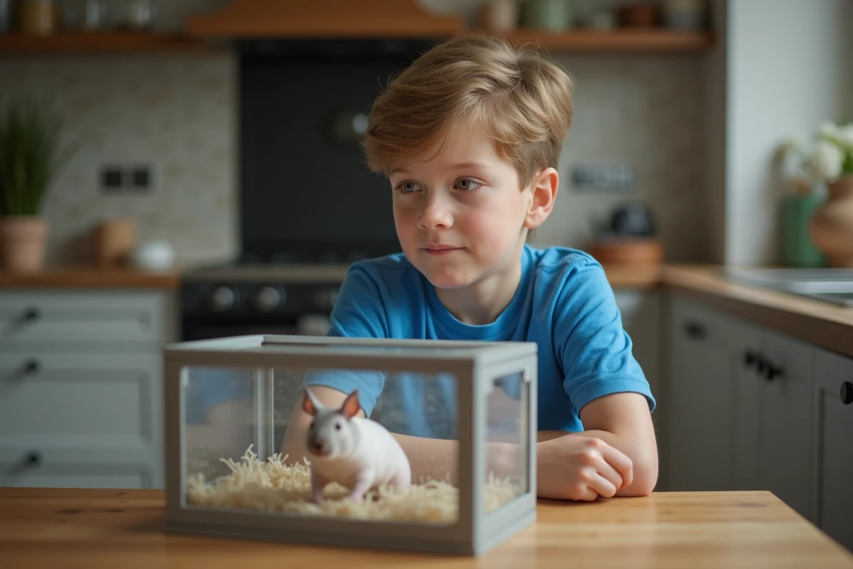 Garçon observant un guinea pig nu dans une cuisine moderne