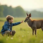 Jeune garçon pointant un urus dans la prairie ensoleillée