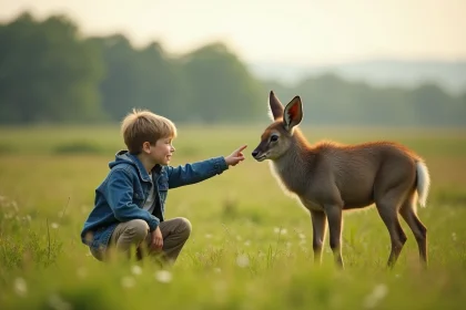 Jeune garçon pointant un urus dans la prairie ensoleillée