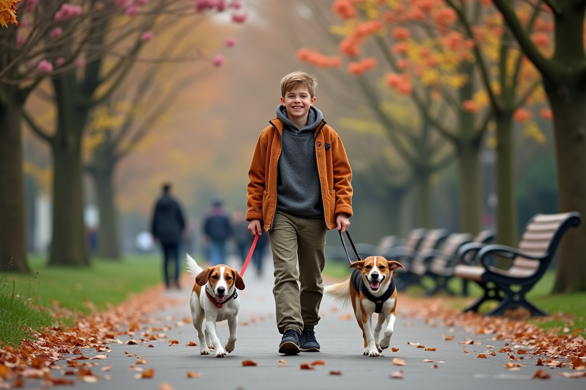 Adolescent marchant avec deux chiens dans un parc fleuri