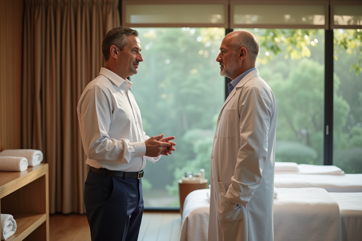 Manager de spa guidant une enquêtrice dans une salle de soins