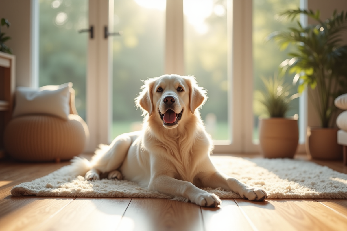Golden retriever blanc allongé dans une maison chaleureuse