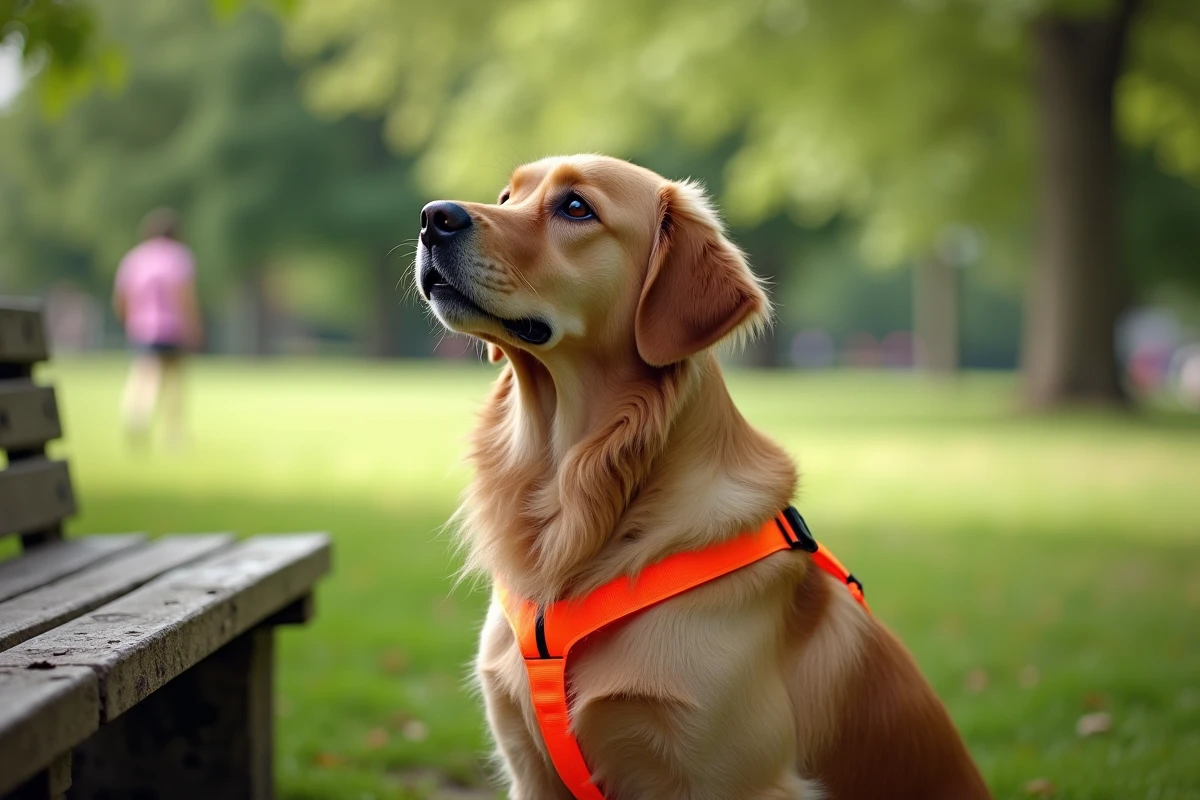 Golden Retriever assis en parc portant un harnais à attache frontale orange, regard attentif vers son maître