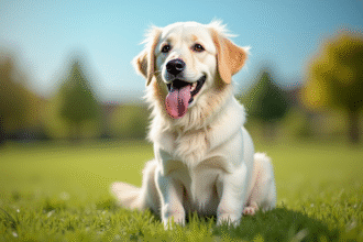 Chien golden retriever blanc dans un parc ensoleille