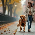 Femme promenant un Golden Retriever réactif avec un harnais anti-traction sur un trottoir urbain arboré en automne