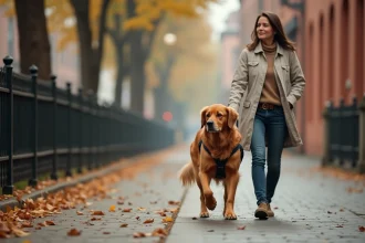 Femme promenant un Golden Retriever réactif avec un harnais anti-traction sur un trottoir urbain arboré en automne