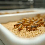 Grillons comestibles se nourrissant de farine de céréales biologiques dans un bac d'élevage contrôlé
