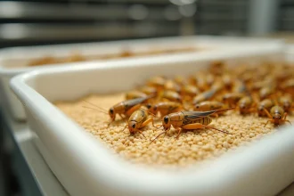 Grillons comestibles se nourrissant de farine de céréales biologiques dans un bac d'élevage contrôlé
