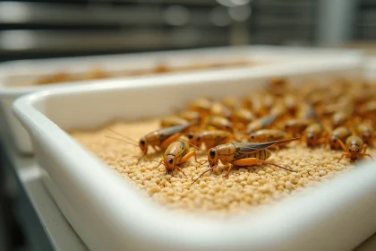 Grillons comestibles se nourrissant de farine de céréales biologiques dans un bac d'élevage contrôlé