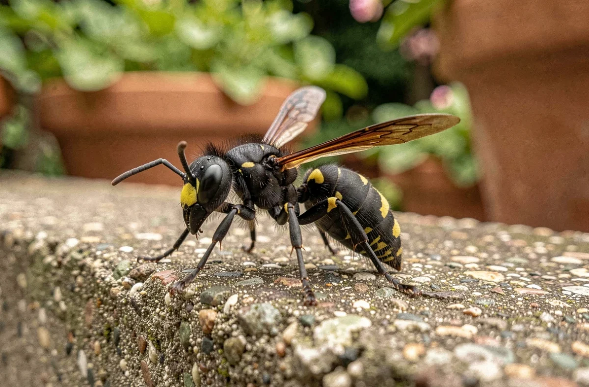 Gros plan macro d'un frelon noir posé sur un mur en béton dans un jardin, détail de l'abdomen et des ailes