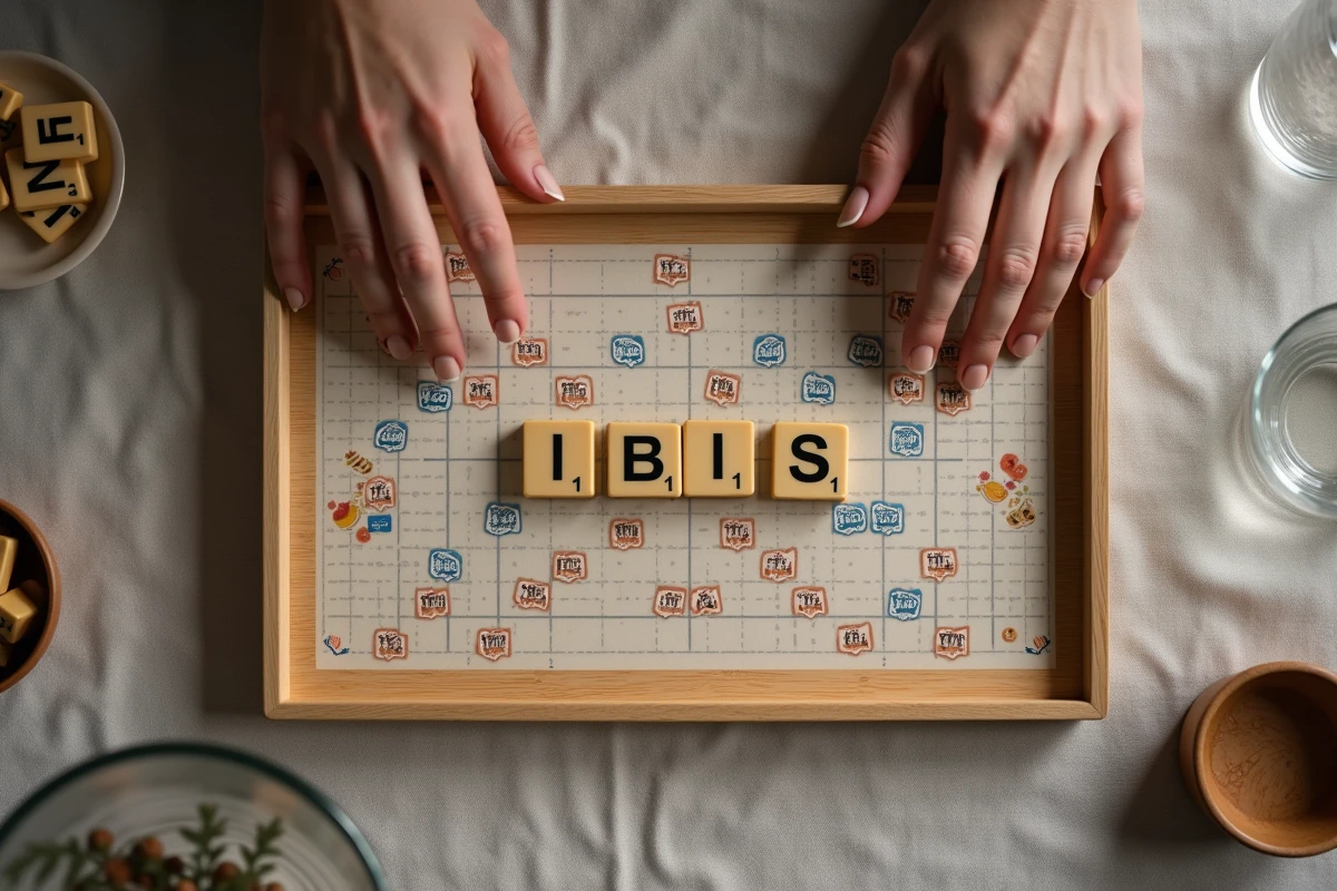 Gros plan sur un plateau de jeu de lettres avec le mot IBIS formé par des tuiles en bois, mains adultes au-dessus du jeu