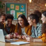 Groupe de jeunes souriants dans un cafe moderne