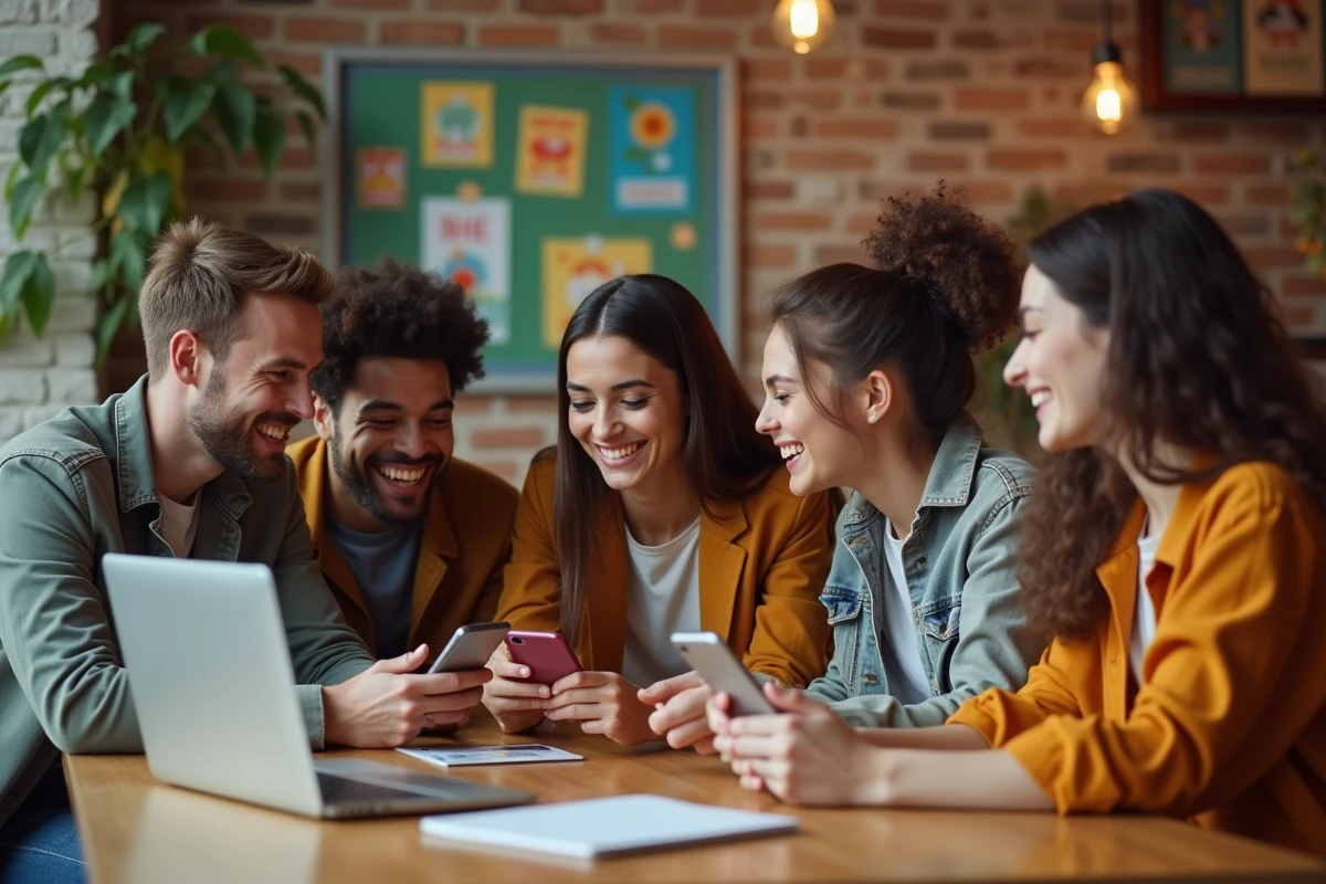 Groupe de jeunes souriants dans un cafe moderne