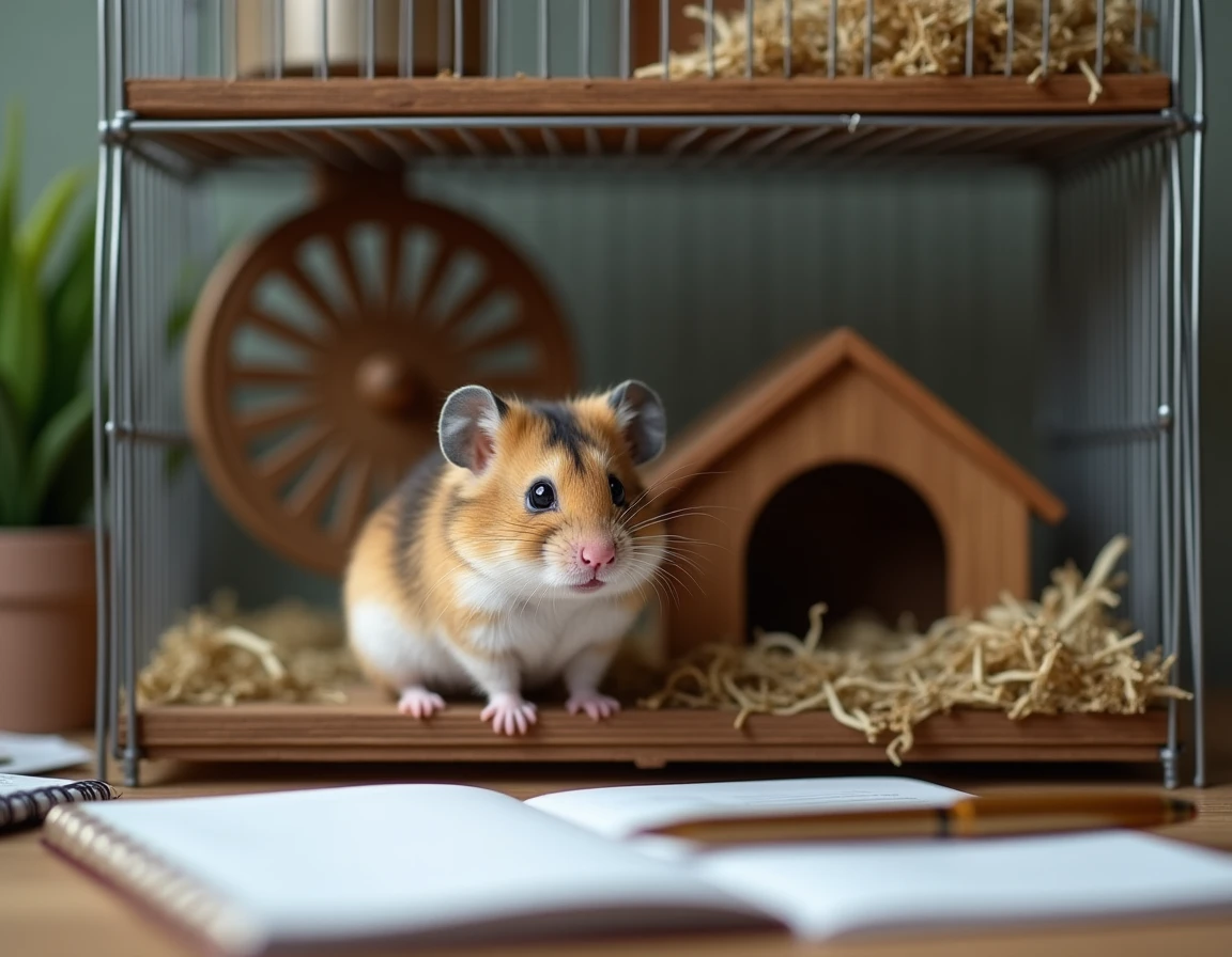 Hamster russe nain dans une cage bien équipée avec accessoires pour le premier mois d'adoption