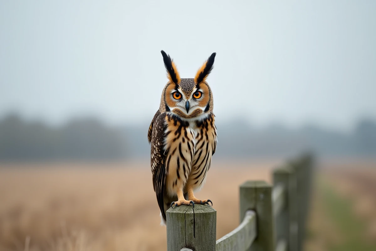 Hibou moyen-duc avec ses aigrettes dressées perché sur un poteau de clôture en bois au bord d'une prairie ouverte