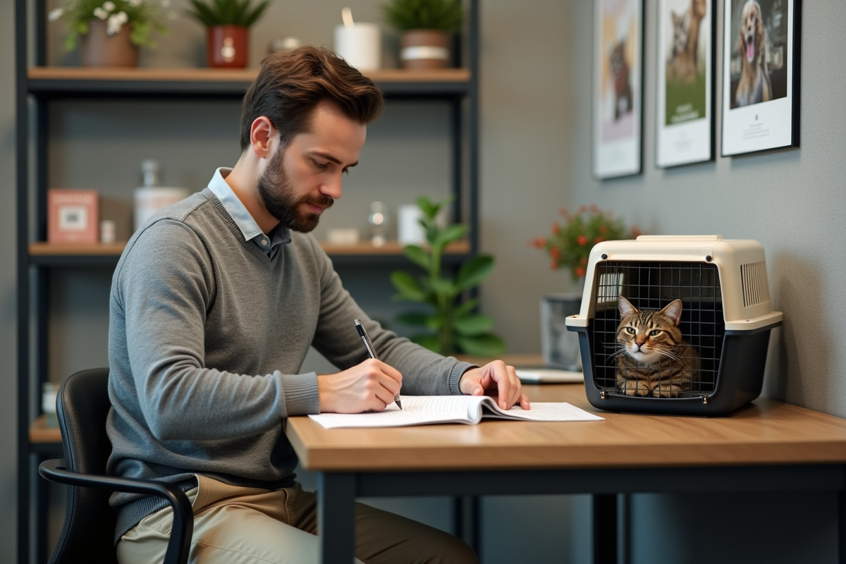 Homme remplissant formulaire avec chat en cage