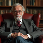 Homme âgé français en portrait dans une bibliothèque