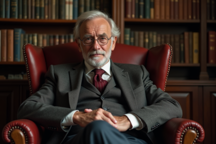 Homme âgé français en portrait dans une bibliothèque