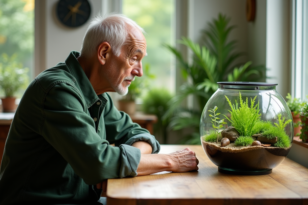 Homme âgé observant un aquarium avec plantes et escargots