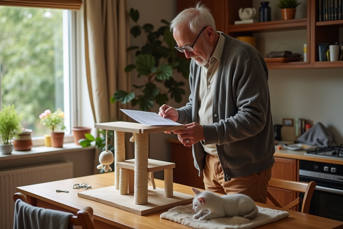 Homme âgé assemble un arbre à chat avec un chaton curieux