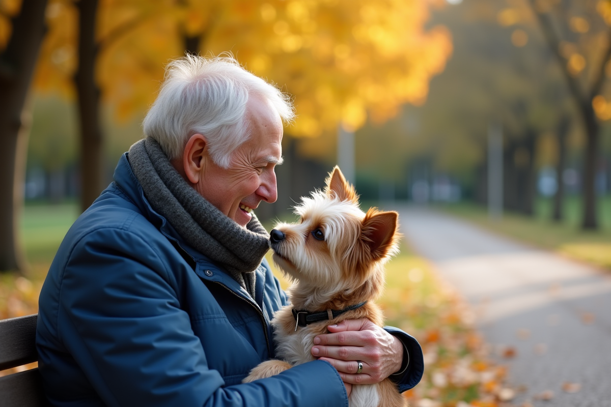 Homme âgé jouant avec son chien dans un parc d
