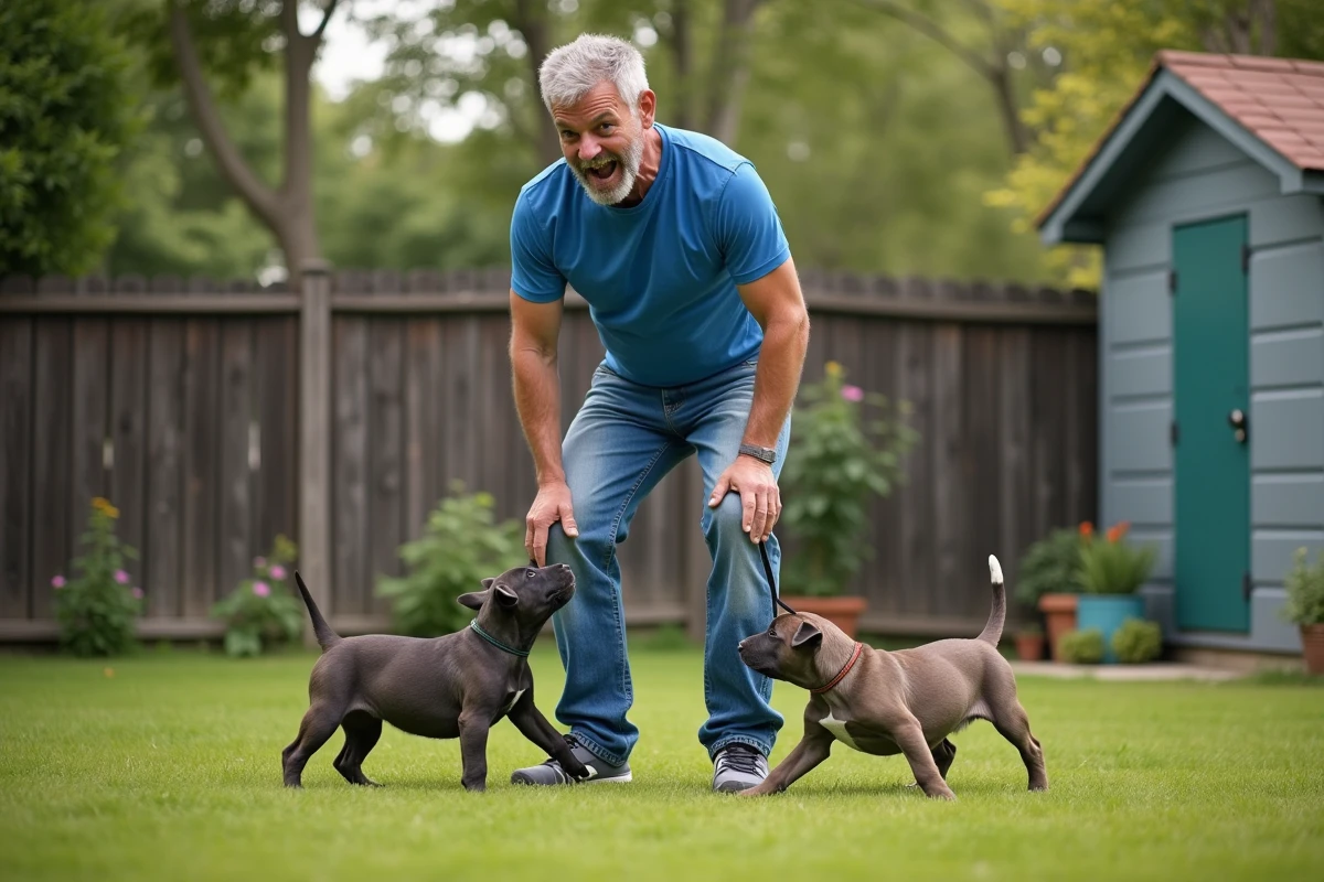 Homme surpris avec deux chiots bull terrier dans le jardin