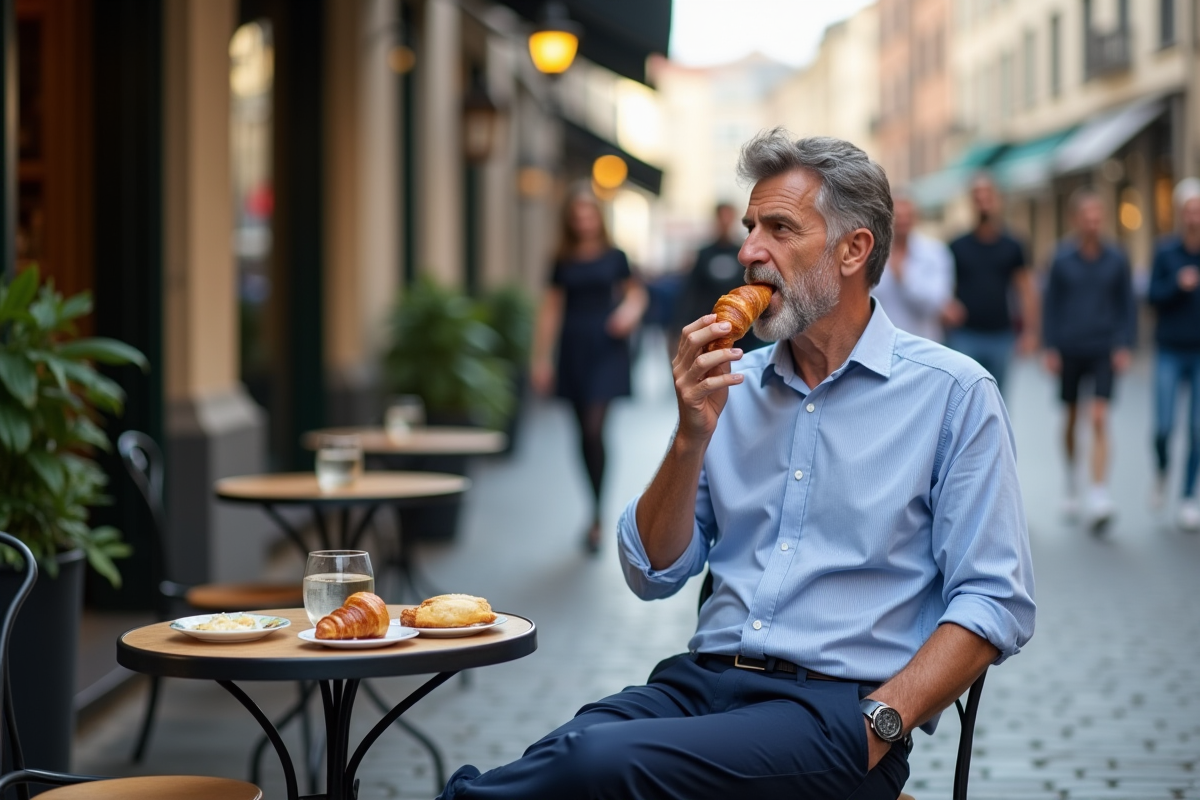 Homme prenant un croissant dans un café en ville