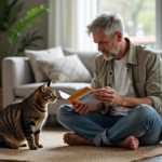 Homme assis avec un chat tigré dans un intérieur cosy