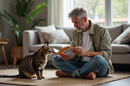 Homme assis avec un chat tigré dans un intérieur cosy