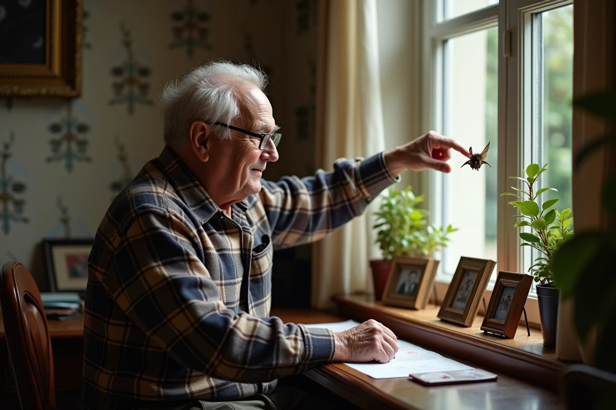 Homme âgé libérant une chauve-souris dans son bureau chaleureux