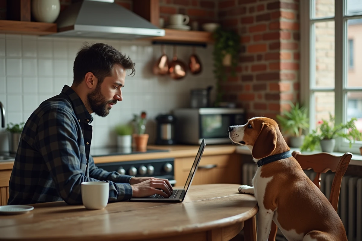 Homme comparant des assurances chien sur ordinateur portable avec son beagle assis à côté de lui dans une cuisine