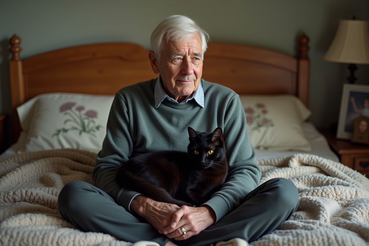 Homme âgé sur le lit avec un chat noir sur les genoux