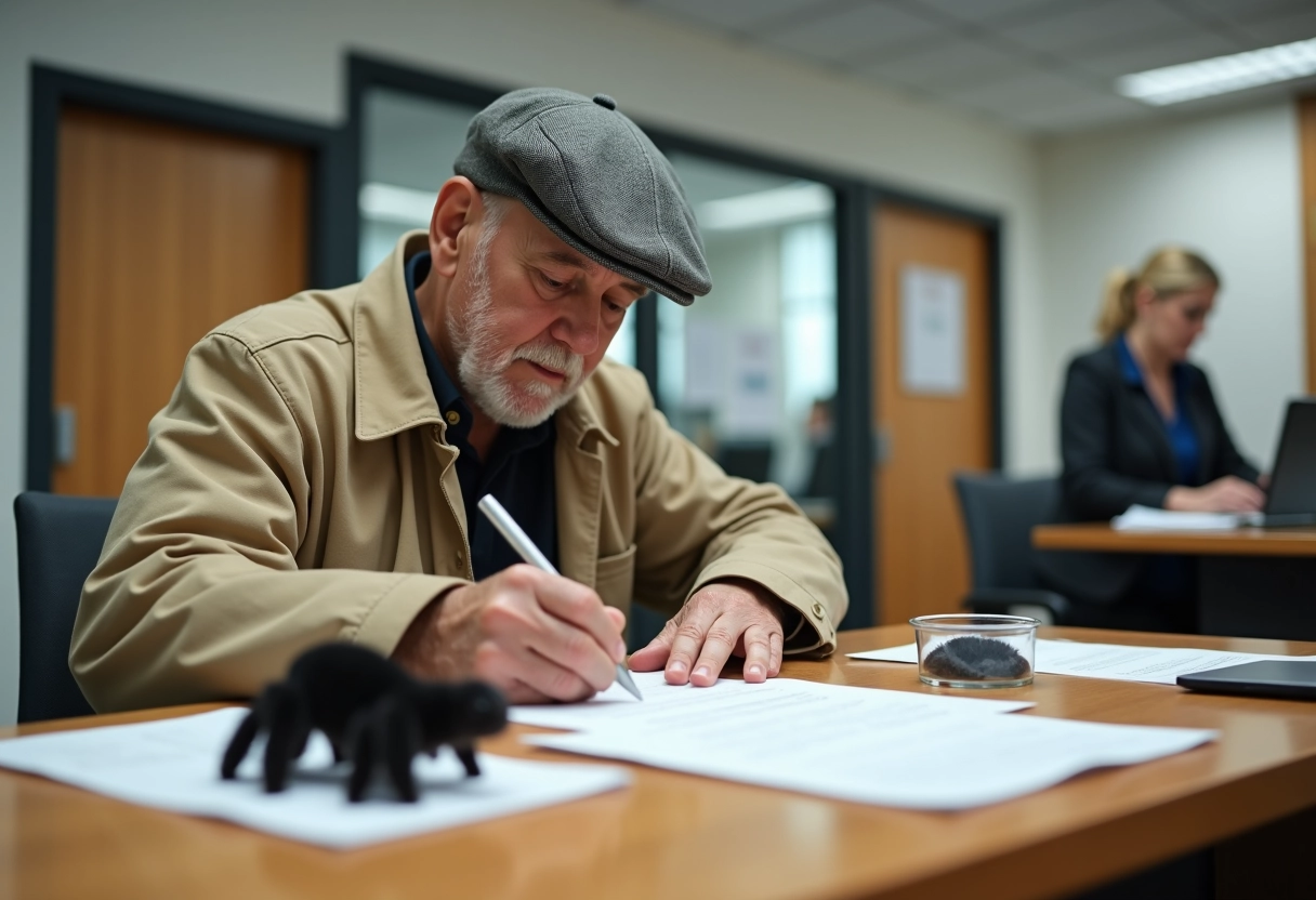 Homme âgé remplissant un formulaire avec chenilles noires à côté