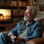 Homme regardant un film western sur les chevaux dans un salon décoré de photographies équestres